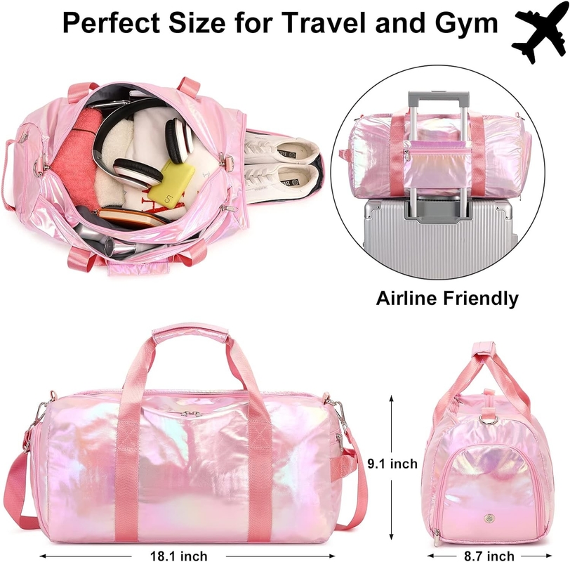 Resistente al agua Poliéster metálico Color rosa Pernoctar fin de semana Gimnasio Bolso de baile con bolsillo mojado
