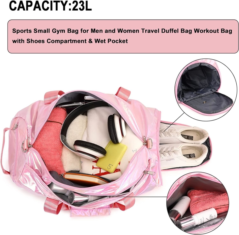 Resistente al agua Poliéster metálico Color rosa Pernoctar fin de semana Gimnasio Bolso de baile con bolsillo mojado