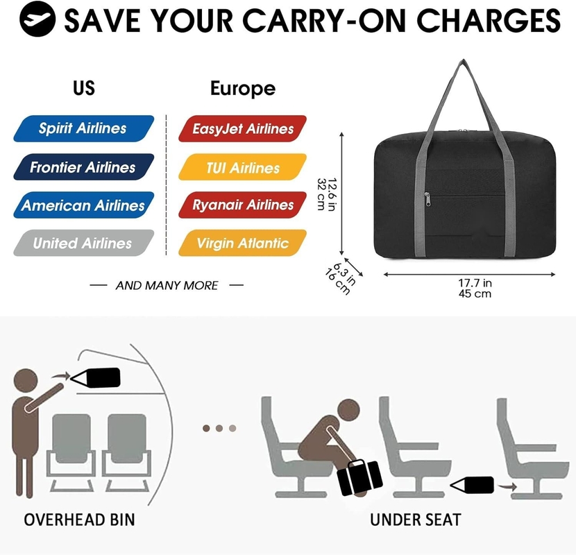 Bajo asiento de avión de gran tamaño, plegable, de equipaje de mano, bolso de viaje para mujeres