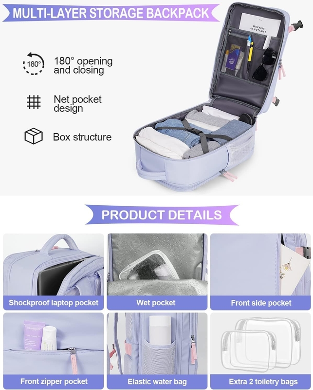 Purple 17.3 pulgadas portátil de la aerolínea aprobado llevar el equipaje como artículos personales fin de semana senderismo bolsa de viaje para mujeres