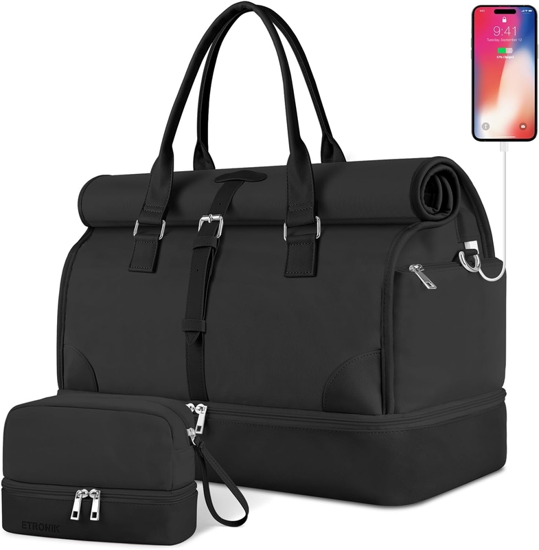 Lanteja negra Carry on Expandable Aviones de fin de semana Toiletry Bolsa de viaje con compartimiento para zapatos y puerto de carga USB