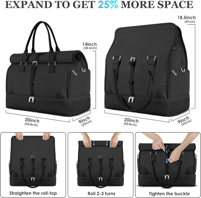 Lanteja negra Carry on Expandable Aviones de fin de semana Toiletry Bolsa de viaje con compartimiento para zapatos y puerto de carga USB