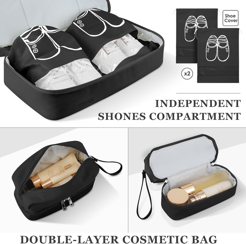 Lanteja negra Carry on Expandable Aviones de fin de semana Toiletry Bolsa de viaje con compartimiento para zapatos y puerto de carga USB