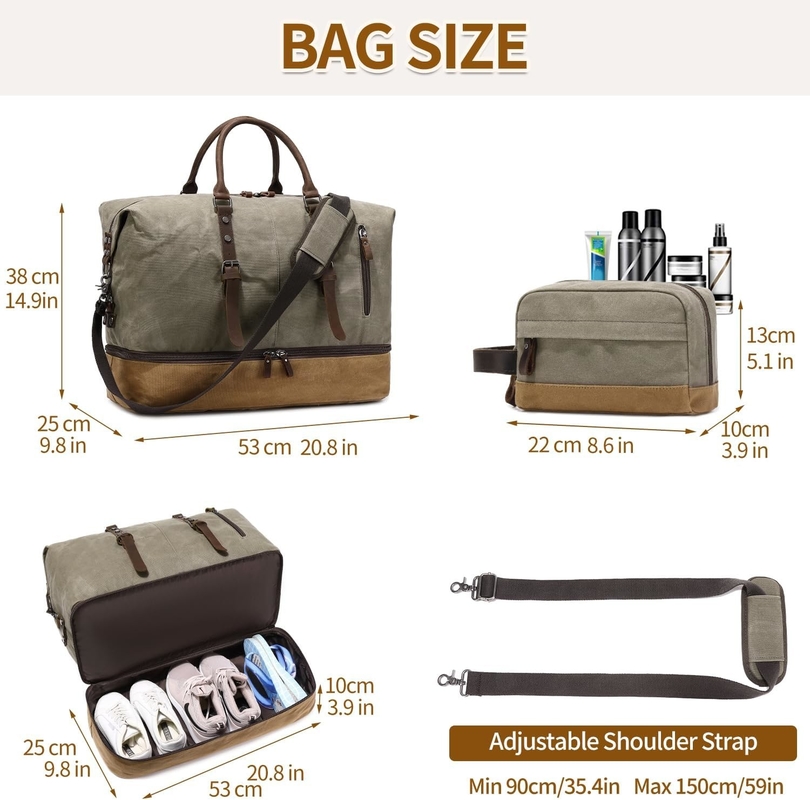 Green Weekender Large Canvas para pasar la noche Carry on Sport Gym Yoga Bolso de viaje con compartimiento para zapatos