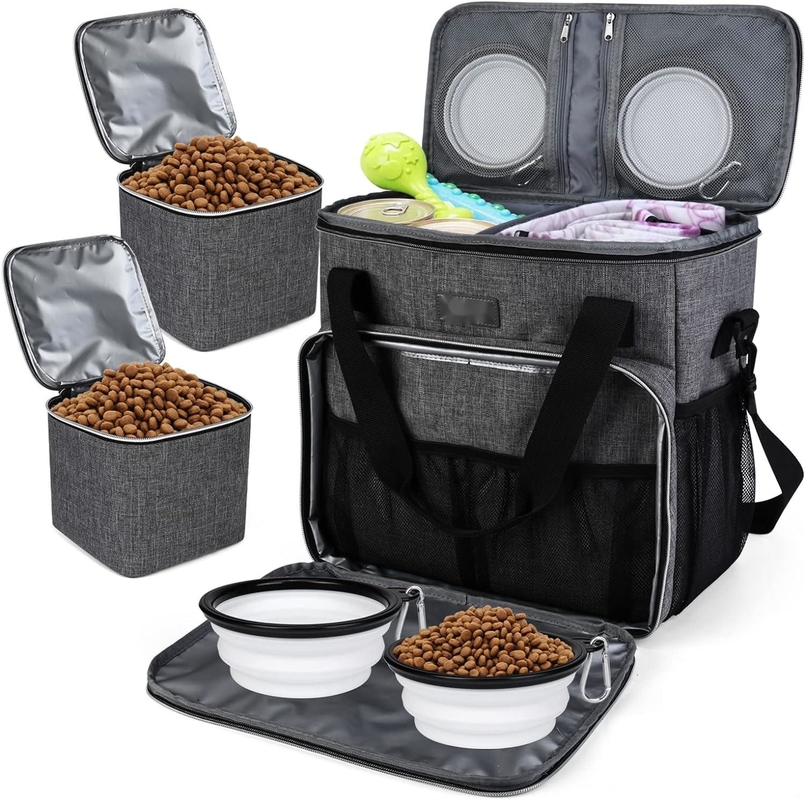 Saco de viaje para perros y gatos con 2 contenedores de alimentos para mascotas y 2 cuencos plegables de silicona