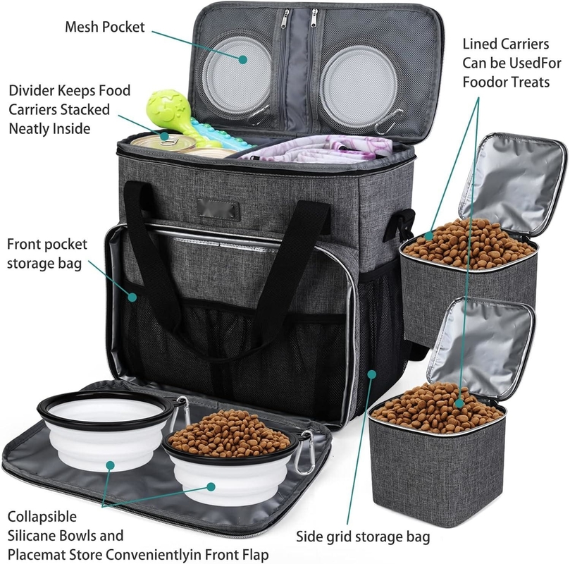 Saco de viaje para perros y gatos con 2 contenedores de alimentos para mascotas y 2 cuencos plegables de silicona