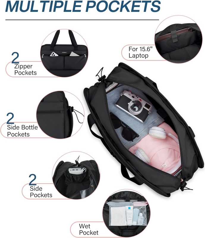 Bolsa de noche de fin de semana de 40L Negro de gran tamaño de yoga personalizado con bolsillos de zapatos