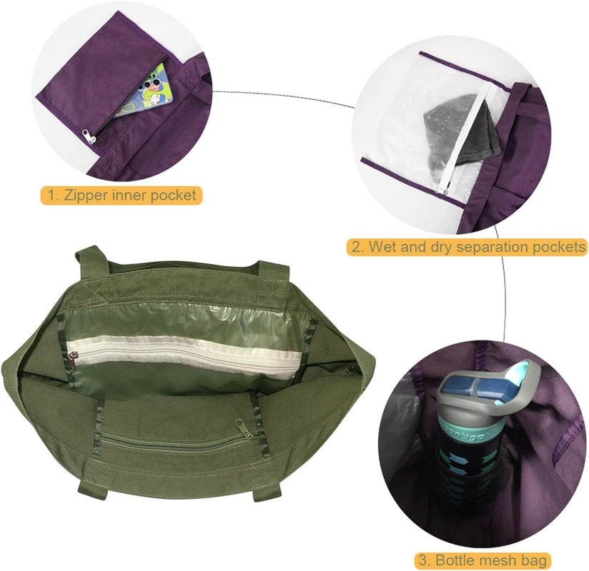 Bolso de bolso de deporte de color verde de algodón grande y duradero con bolsillo del compartimento de zapatos
