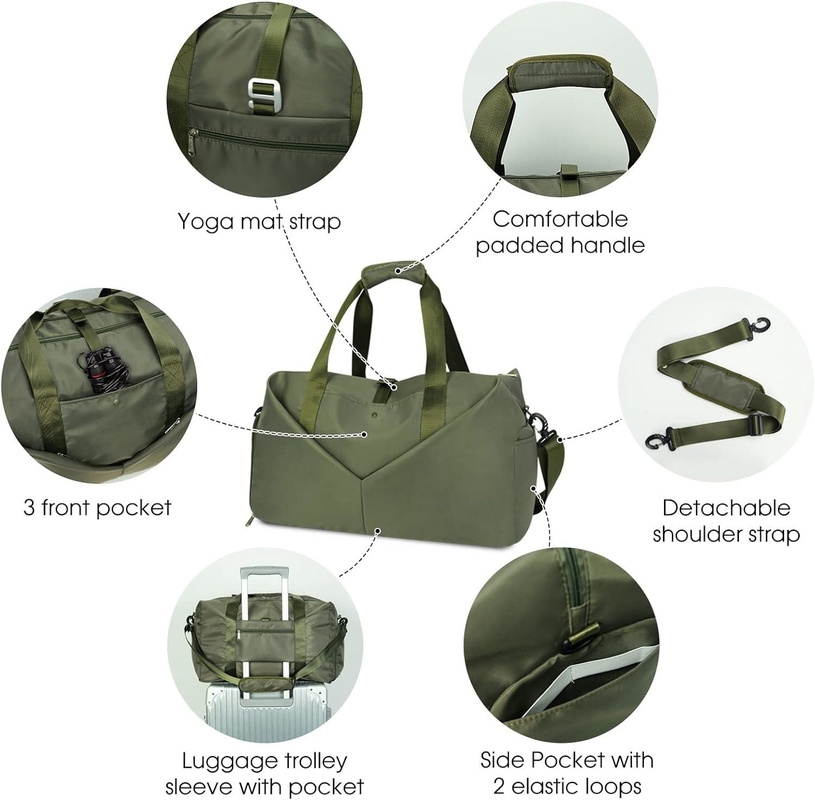 Bolso verde portátil de noche de fin de semana de gimnasio Bolso de bolso con zapatos de bolsillo mojado Compartimiento