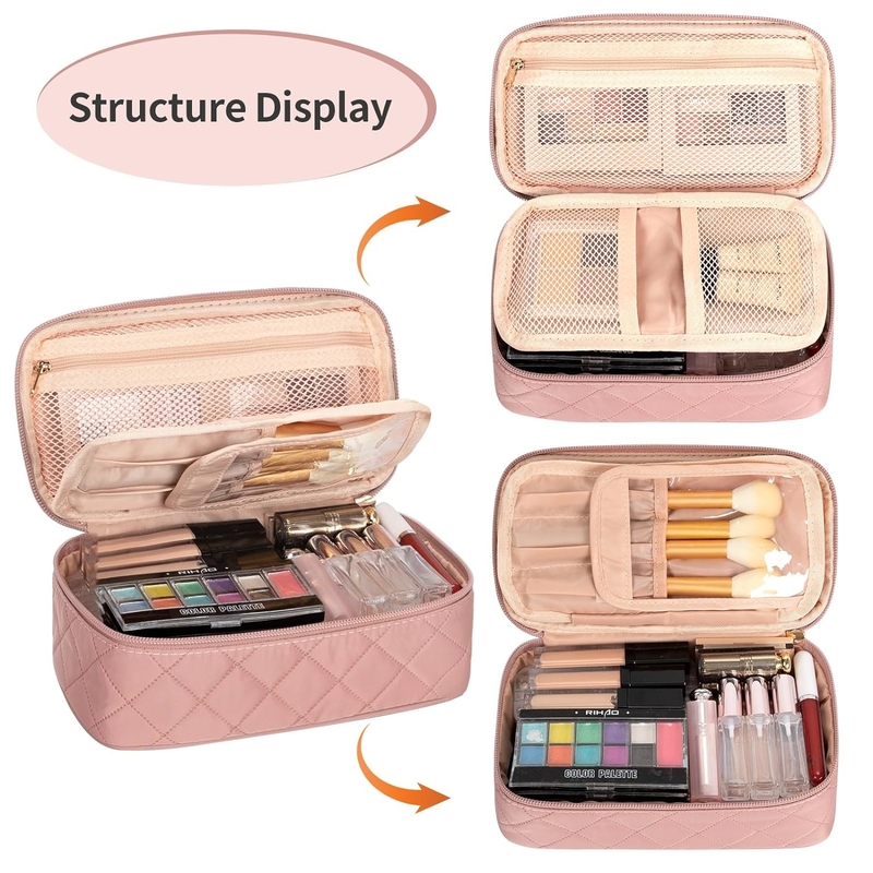 Bolso de viaje portátil rosa lindo pequeño maquillaje cepillo organizador personalizado con compartimiento