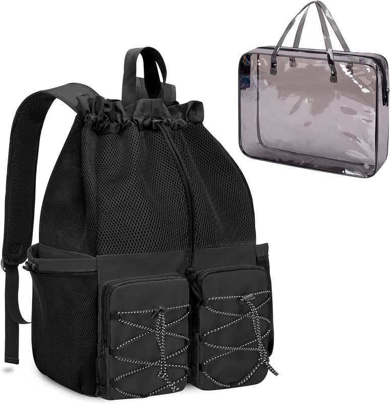 Black Waterproof Drawstring Beach Swimming Gym Pool Sports Mesh Bolso de viaje personalizado para hombres y mujeres