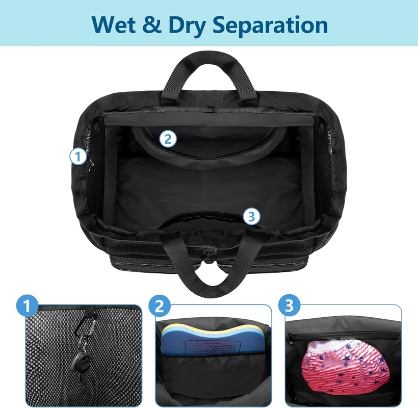 Black Waterproof Drawstring Beach Swimming Gym Pool Sports Mesh Bolso de viaje personalizado para hombres y mujeres
