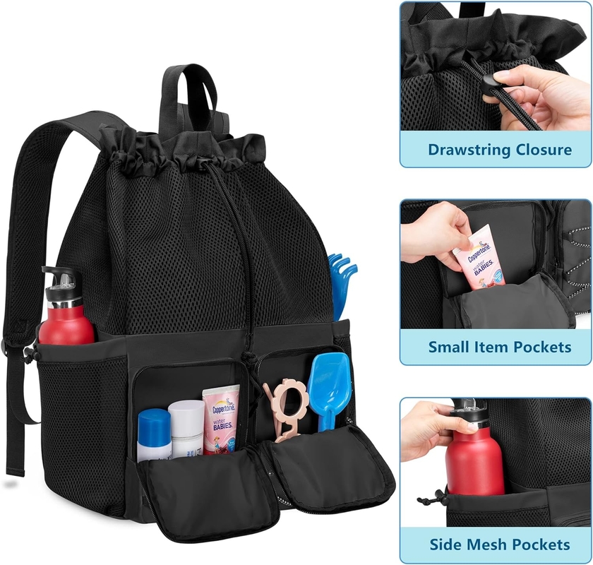 Black Waterproof Drawstring Beach Swimming Gym Pool Sports Mesh Bolso de viaje personalizado para hombres y mujeres